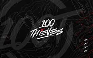 遊戲標誌 100 THIEVES 以白色塗鴉字體呈現，背景為黑色抽象設計，點綴紅色元素。