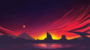 日落時城堡和金字塔的剪影，反射水面上有紅雲和星星。
