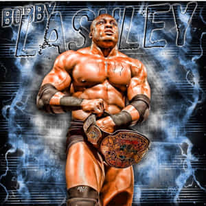 摔角手 Bobby Lashley 在閃電背景下舉著冠軍腰帶。