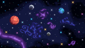 像素化太空場景，有行星、星星和色彩繽紛的星雲。