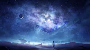 一個人站在貧瘠的景觀中，仰望帶有宇宙鯨魚的星空。