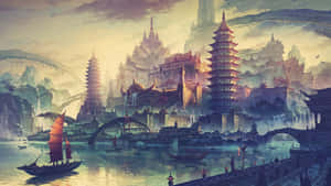 古老亞洲城市，有寶塔和船隻在霧氣瀰漫的河流上，正值黃金時刻。 — 亞洲 壁紙