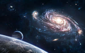 一個帶有粉紅色和藍色色調的螺旋星系籠罩在行星彎曲的地平線上。 — 桌面美學 壁紙