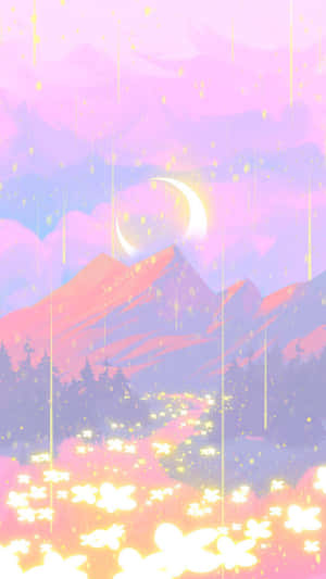 新月下的粉紅山脈，發光的花朵和墜落的光線條紋。 — 超自然 GIF 壁紙