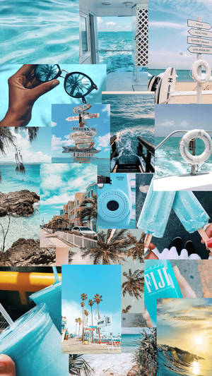 熱帶海灘拼貼畫，有棕櫚樹、海洋和旅行標誌，在晴朗的天空下。 — 型格藍色動態 壁紙