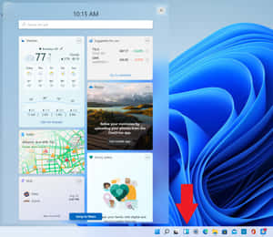 Windows 11 桌面，帶有藍色抽象背景和實時小工具。