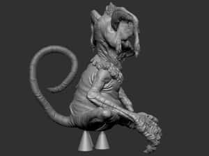一個灰色的3D渲染奇幻生物，擁有長長的盤繞尾巴，坐在展示架上。