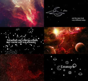 天體拼貼，包含彩色星雲和星星、行星的白色線條藝術及詩意文字。