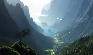 懸崖上的一棵孤樹俯瞰著山谷中的寧靜湖泊。 — 海灘 壁紙