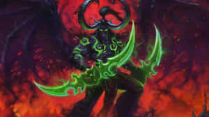 惡魔戰士，手持發光綠色刀刃和長角，背景火紅。