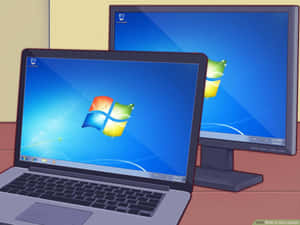 手提電腦和顯示器顯示帶有藍色背景和標誌的Windows 7桌面。 — 電腦 GIF 壁紙