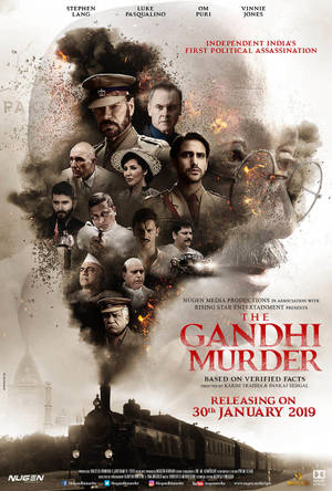 《The Gandhi Murder》電影海報，展示穿著戰時服裝的演員，並帶有煙霧和火焰效果。 — 電影 GIF 壁紙
