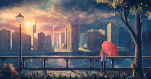 日落時分，雨中城市海濱，一人撐著紅傘。 — 靚靚動畫 壁紙