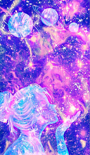 一個擁有星星般頭髮的女孩，在充滿活力的宇宙場景中伸手觸碰漂浮的行星。 — Galaxy Tab A 壁紙