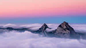 黎明時分，兩座山峰在粉紅與藍色的天空下聳立於雲海之上。