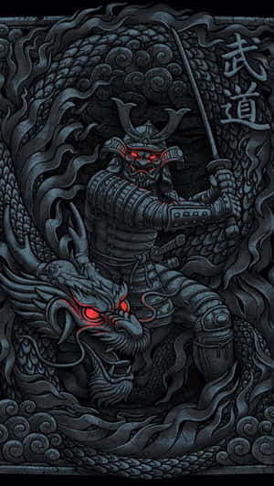 紅眼武士戰士在詳細的黑白插圖中與龍戰鬥。