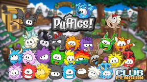 來自 Club Penguin 色彩繽紛、毛茸茸的 Puffles 角色在雪村中。