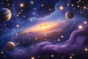 三個帶環行星在紫色和藍色星雲及星星中，靠近一個發光的螺旋星系運行。