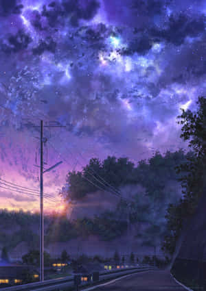 星空紫色天空下的暮色道路，有村莊燈光和電線。