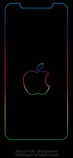 彩虹輪廓Apple標誌在黑色手機螢幕上，帶有彩色邊框。
