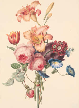 復古植物插圖，描繪了帶有玫瑰、百合和三色堇的彩色花束。