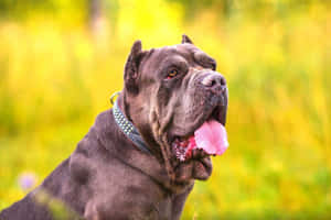 一隻大型深灰色卡斯羅犬在陽光明媚的草地上伸出舌頭喘氣。