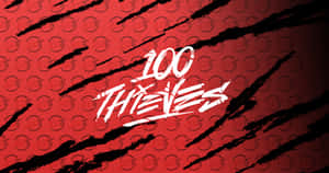 帶有黑色筆觸和白色 '100 THIEVES' 標誌文字的紅色背景。