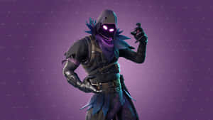 Fortnite角色身穿黑暗盔甲，帶有發光紫色眼睛，背景為紫色網格。