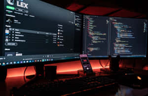 雙顯示器和夜間紅色環境光的遊戲和編碼設置。 — MacBook Pro 16 壁紙