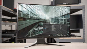 Alienware 遊戲顯示器顯示中庭畫面及設定選單
