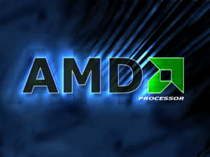 AMD處理器標誌，在黑暗背景上帶有發光的藍色和綠色霓虹效果。