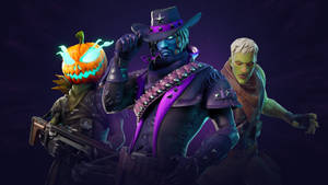 三個Fortnite角色穿著萬聖節服裝，帶有發光南瓜和紫色點綴。