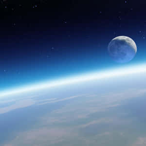 地球彎曲嘅地平線，夜空中有月亮同星星。