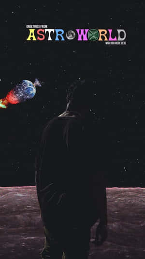 月球上一個人的剪影，觀看太空中一顆色彩繽紛的彗星。