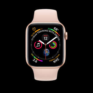 玫瑰金色 Apple Watch 配粉紅色錶帶，在黑色背景上顯示數位錶面