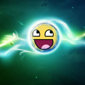 一個微笑的表情符號行星在充滿活力的綠色星雲中發光，帶有宇宙漩渦。