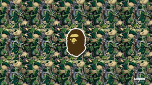 迷彩牆紙，中央有 A BATHING APE 標誌。