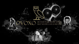 深色飛濺背景上的 OVO 標誌，帶有貓頭鷹和藝術家肖像。