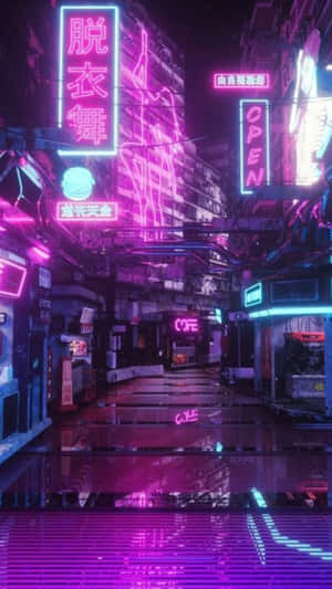夜晚的霓虹燈小巷，發光的標誌在潮濕的路面上反射。