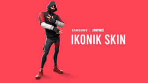 Fortnite角色穿著紅色、黑色和灰色連帽衫和面具，為三星皮膚廣告擺姿勢。