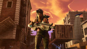Fortnite角色在都市夕陽場景中瞄準武器 — 要塞英雄 大逃殺 壁紙