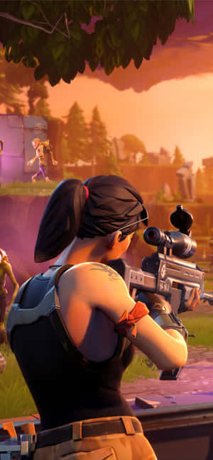 女性玩家在Fortnite日落場景中瞄準狙擊步槍