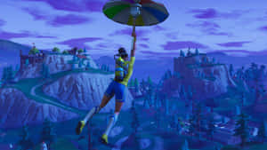 Fortnite角色用彩虹傘跳傘，越過岩石懸崖和松樹，在暮色中。