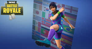 穿著紫色裝備的 Fortnite 足球員對著旗幟踢球。