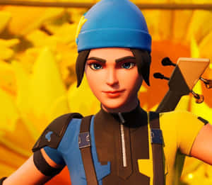 戴藍色冷帽、穿黃色襯衫的Fortnite角色，在金色背景前拿著結他。