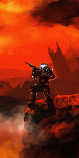 裝甲士兵在外星懸崖上瞄準步槍，背景是熾熱的日落 — 18:9 壁紙