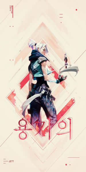 動漫角色Jett，白色頭髮，雙刀，以動態姿勢站立。 — 18:9 壁紙