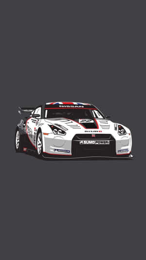深灰色背景上帶有Sumo Power品牌標誌的白色和紅色日產GT-R賽車。