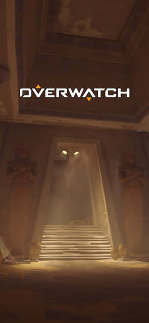 古埃及神廟中的Overwatch遊戲標誌，有雕像和陽光照射的樓梯。 — POCO C81 壁紙