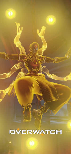 Overwatch角色，有多隻手臂，在黃色照明的競技場中發光。 — 鬥陣特攻 GIF 壁紙